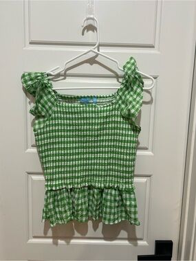 Draper James Green Gingham Smocked Ruffle Tank Top